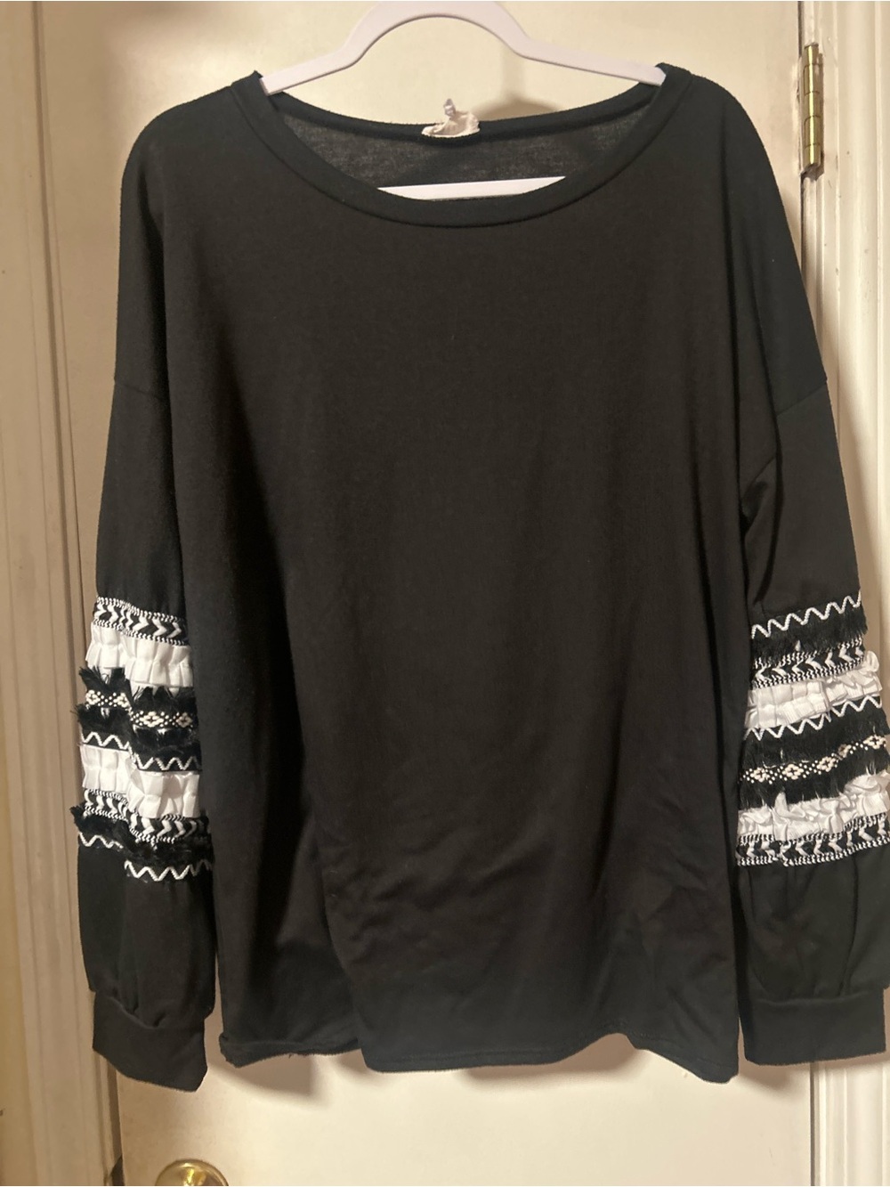 BiBi Black Crewneck Sweater with White & Black Decorative Sleeve Trim